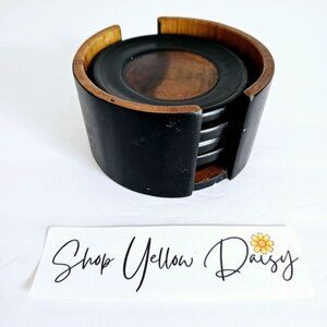 Rustic Vintage‎ Wooden Coaster Set 5 With Holder - Black & Brown~M194.1